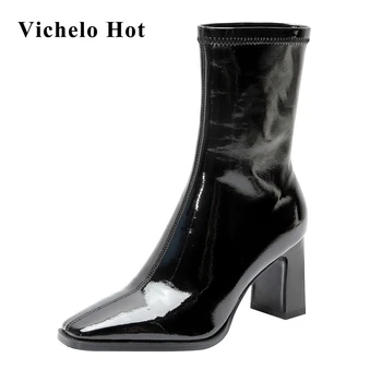 

Vichelo Hot new square toe high heel stretch boots young lady streetwear comfortable slip on outdoor non-slip mid-calf boots L28