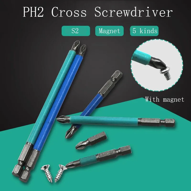 

S2 Magnetic Anti-skid Hex Shank Cross Head Screwdriver Batch Nozzle Head PH2*25mm PH2*50mm Hand Tools Electric Drill Bits 1/4