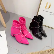 Новая мода стрейч ткань ботильоны для женщин острый носок обувь на высоких квадратных каблуках женские Босоножки на каблуке осенние ботинки Дамская обувь