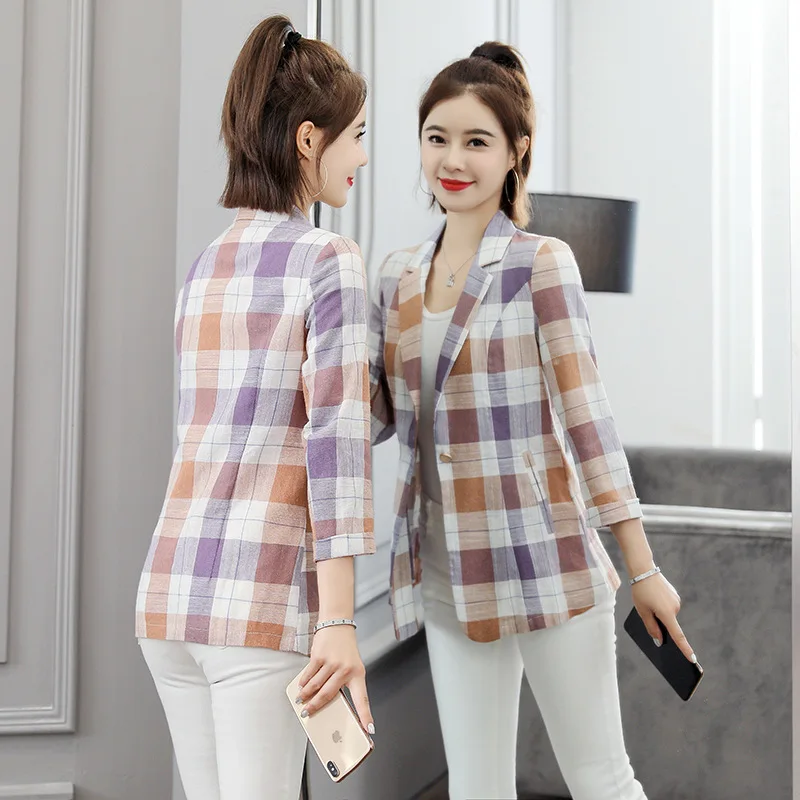 

Short Plaid Suit Women's 2019 Autumn New Style Fashion Elegant Slim Fit Casual Versatile Three-quarter-length Sleeve Suit Coat