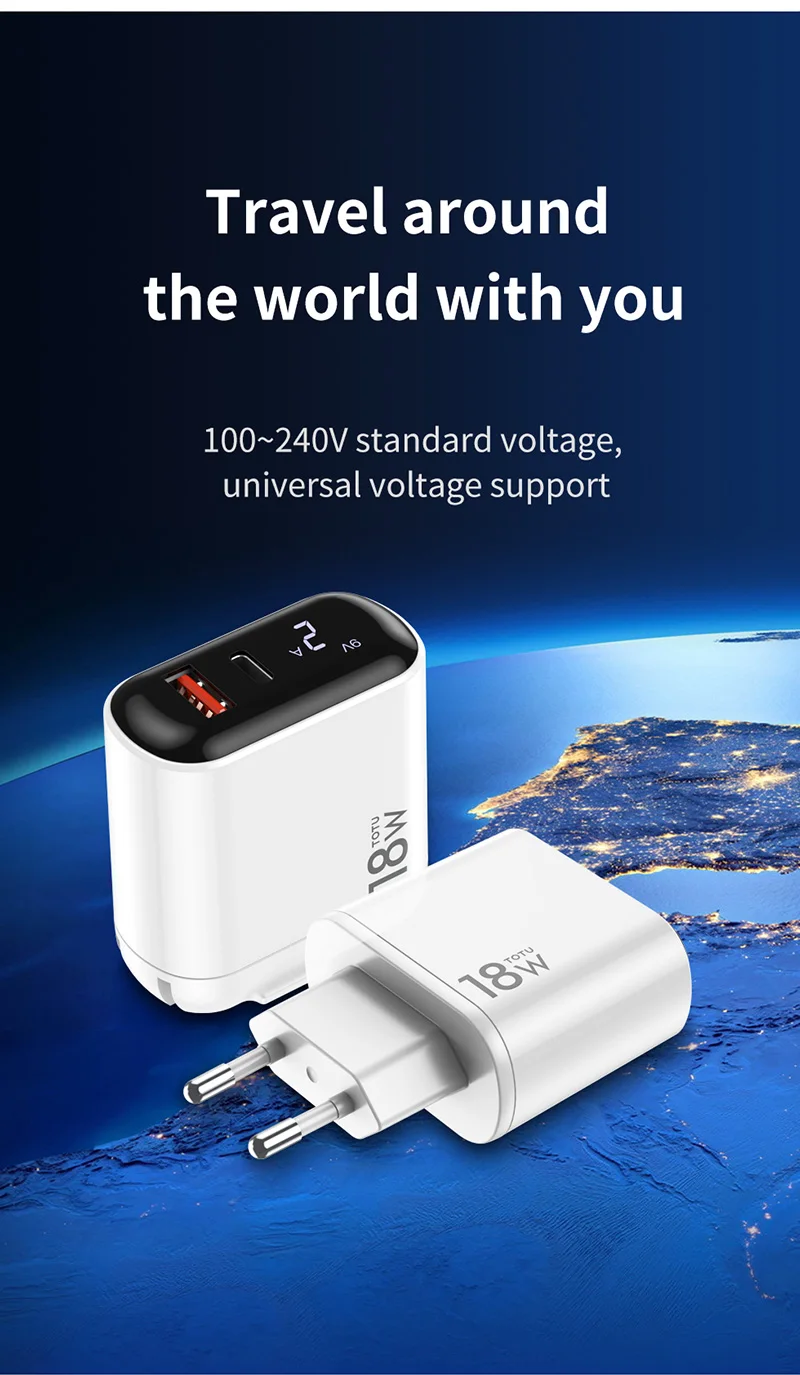 TOTU EU phone travel charger with LED display, fast charge PD18w + QC3.0 home travel wall charger