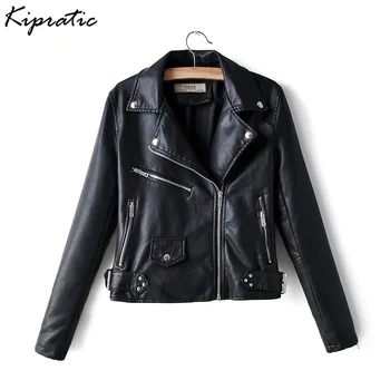 

Autumn New Women Solid Color Lapel PU Leather Jacket Turn-down Zipper Female Faux Leather Moto Biker Jackets Outwear Streetwear