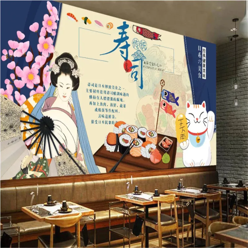 Кимоно красота Lucky Cat 3D настенная бумага для японской кухни Суши Ресторан большой