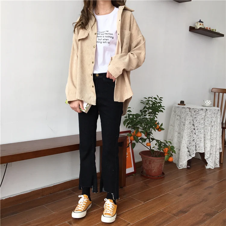 Винтажная Вельветовая рубашка однобортное Свободное пальто плюс размер женские топы Корейская одежда уличная