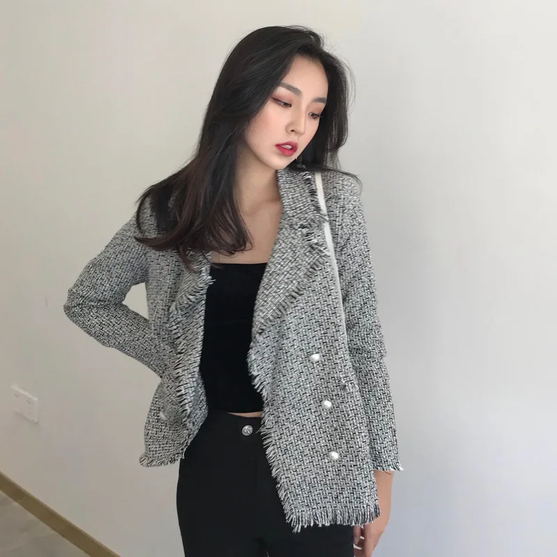 

2019 Spring New Style Hong Kong Flavor Retro CHIC Wind Turn-down Collar Coat Tops Slim Fit Slimming Casual Tassels Edge Suit