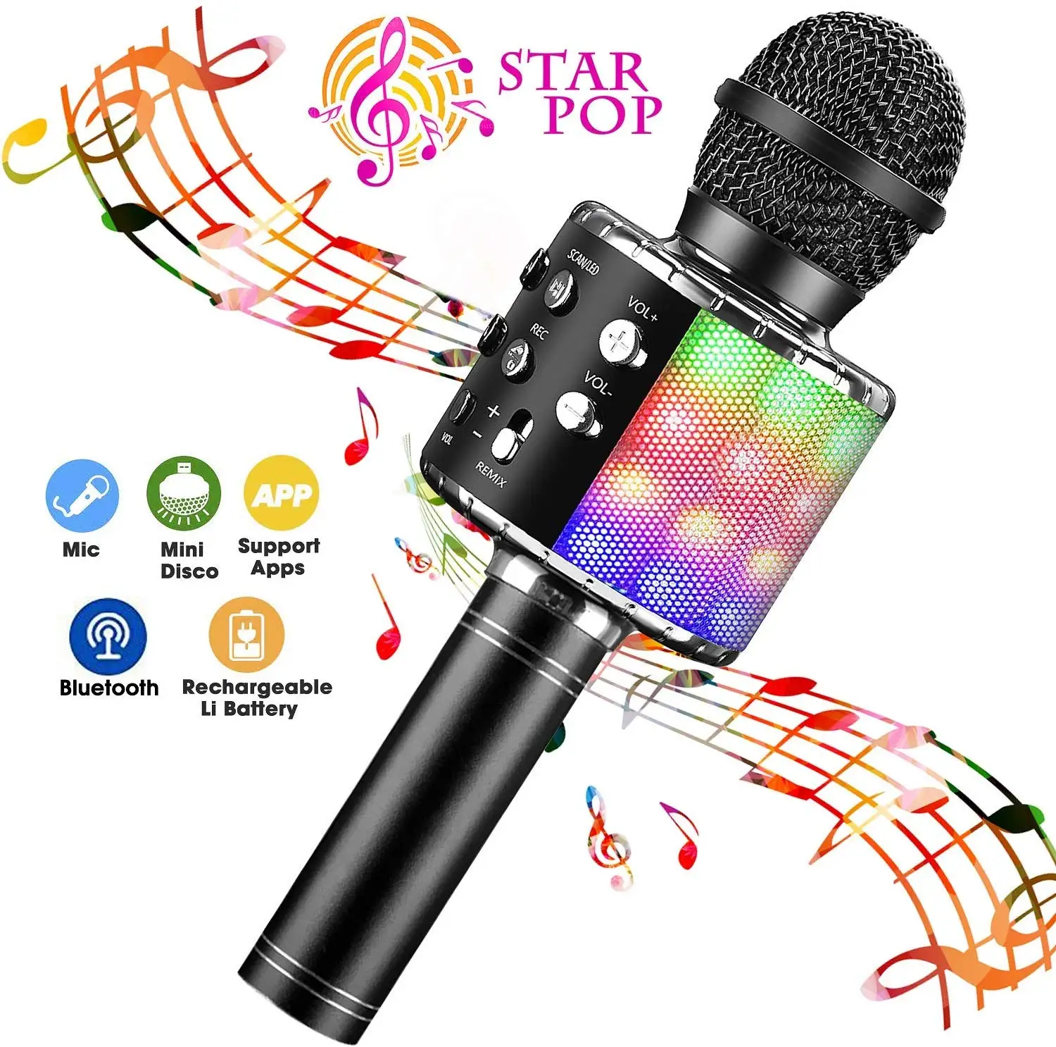 Wireless 4 in 1 Bluetooth Karaoke Microphone, Portable Speaker Machine, Handheld Home KTV Player with Record Function