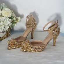 Szampan złoty kryształ kobiety buty ślubne buty na wysokim obcasie z ozdobnymi kamieniami buty z paskiem na kostkę kobiety party dress shoes