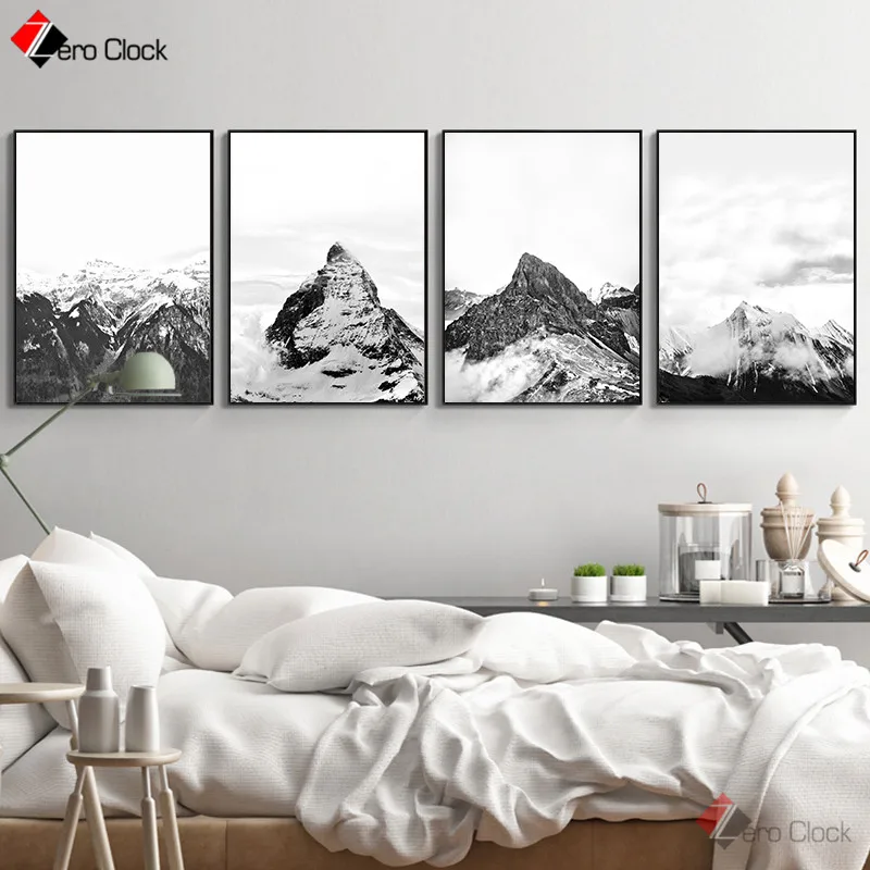 Black &amp White Wall Art Nordic Poster Landscape Canvas Painting Fog Snow Mountain Posters and Prints Nature Scenery Pictures | Дом и сад