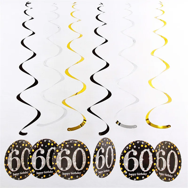 gold 60 Год 6 шт. 18/21/30/40/50/60 лет спираль возраст знак доска для День рождения украшения для взрослых гирлянды, подвесные украшения - Цвет: gold 60