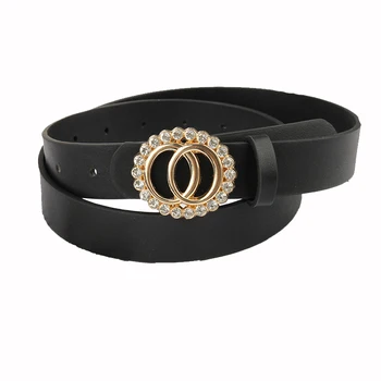 

Luxury Brand Golden Double Circle Buckle High Quality PU Leather Waist Strap Jeans Trousers Casual Black Ladies Female Waistband