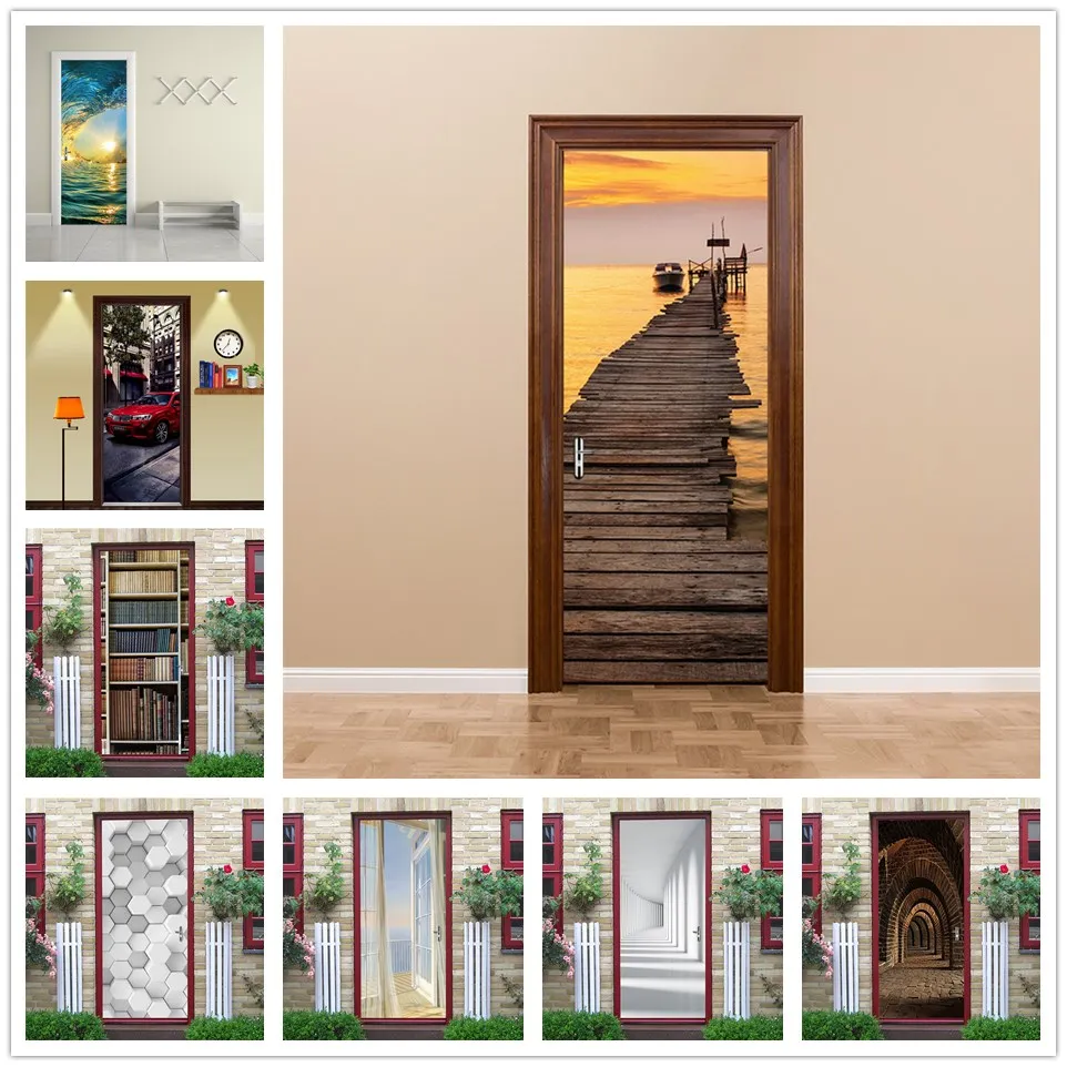 

Landscape City Stickers on the Doors Adhesive PVC Art Mural Decals Decoration Waterproof Wallpaper Home Design Removable Posters