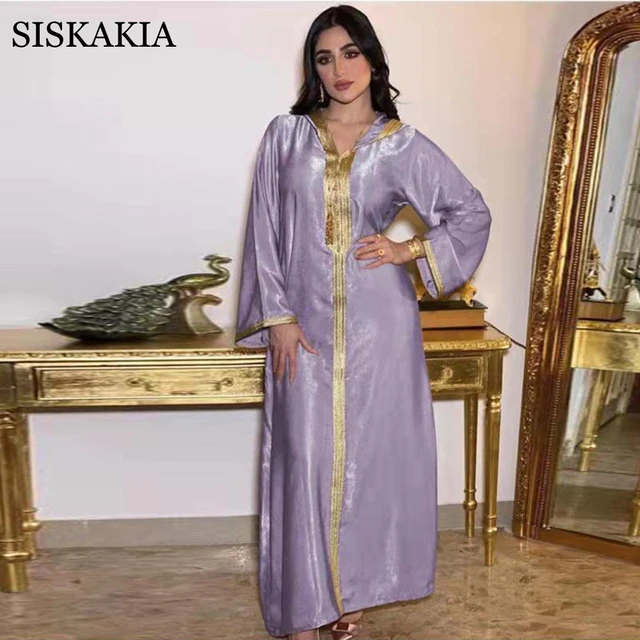 Siskakia Modest Muslim Hooded Abaya Dress for Women Purple Ramadan Eid Moroccan Kaftan Robe Turkish Arabic Jalabiya champagne 1