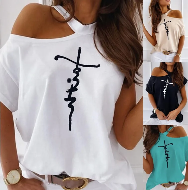 Cute Tee Shirt Vogue-Tops One-Shoulder Plus-Size Women Ladies Summer Letter-Printed Loose