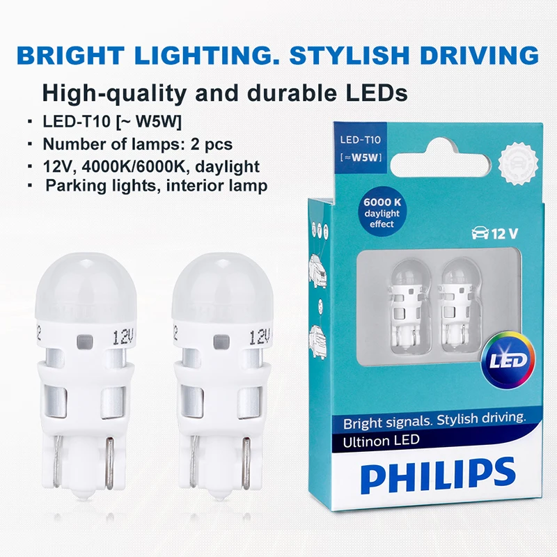 Philips W5W 12V LED 1 0W W2 1x9 5d Auto 6000K Ultinon карт.уп. 2 шт T10 поворотник для автомобиля мотоцикла
