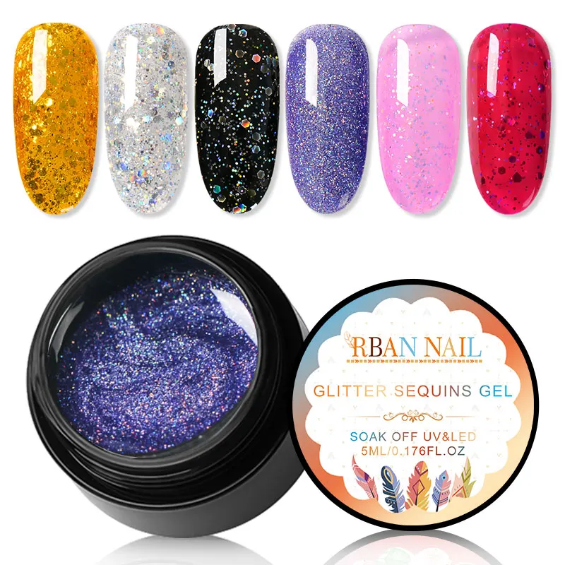 

RBAN NAIL 5ml Holographic Glitter Nail Gel Polish Shiny Laser Sequins 30 Colors Soak Off UV Gel Polish Nail Art Lacquer Manicure