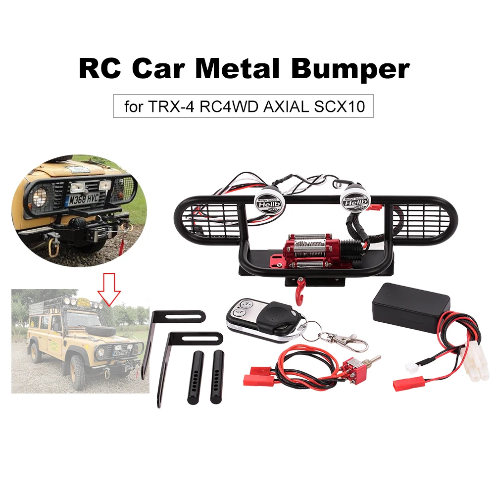 

Metal Front Bumper with 2 LED Light Remote Control Winch for 1/10 TRX-4 RC4WD AXIAL SCX10 RC Crawler Car Parts