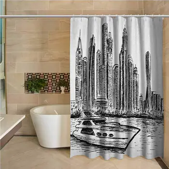 

Sketchy Waterproof and Colorful Shower Curtain New York Manhattan Cityscape Hand Drawn Style Skyscrapers Modern Boat on River