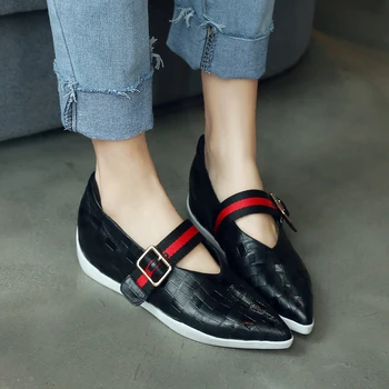 

Women's genuine leather slip-on flats loafers leisure soft comfortable espadrilles pointed toe metal buckle casual shoes women