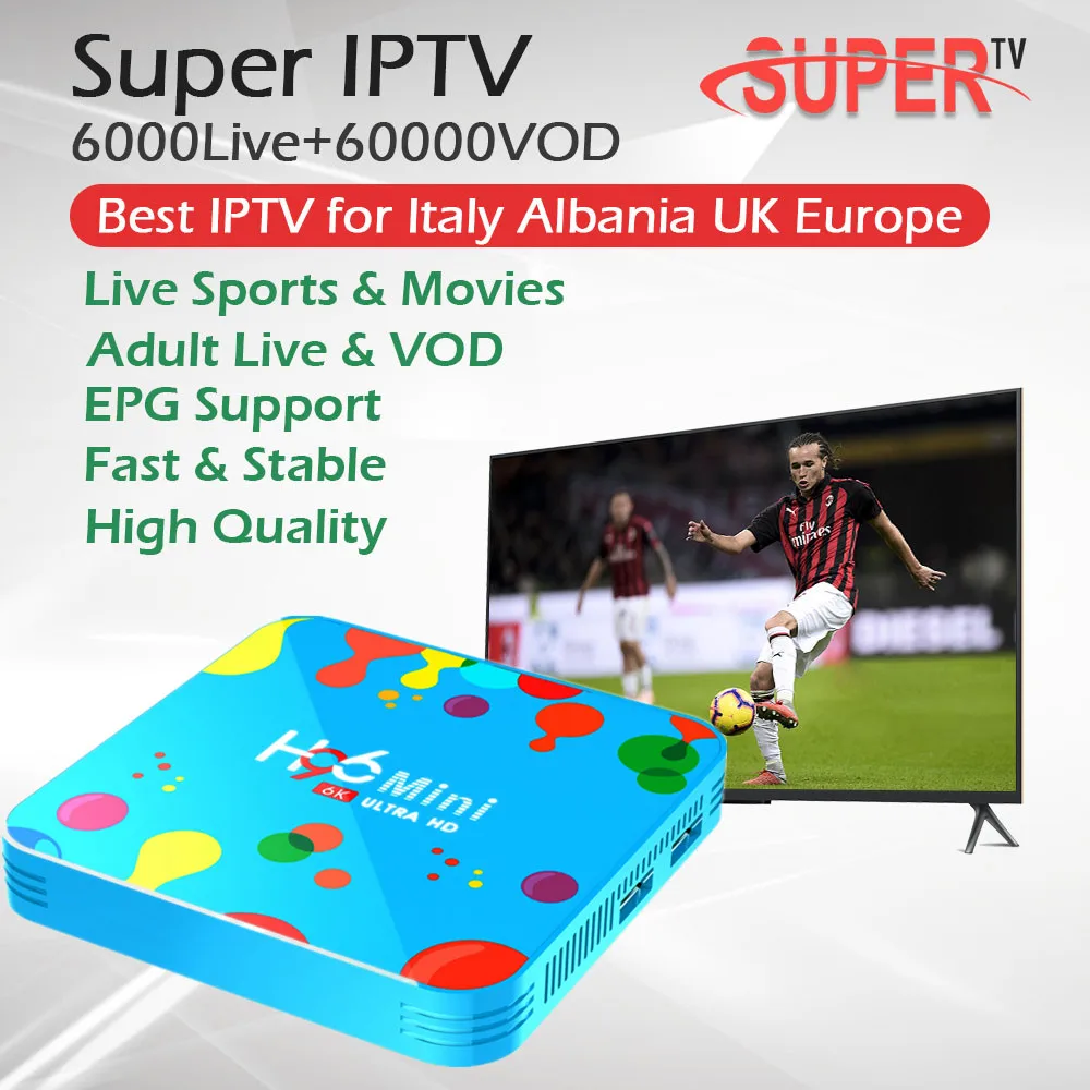 

SUPER IPTV Subscription Germany Italian English IPTV 6000 live +H96mini H6 Android 9.0 TV Box Quad Core 4G 32G/128G Set Top Box