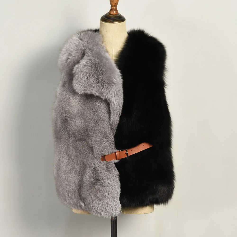 Grey-Black Новое поступление, женский жилет из натурального Лисьего меха, модный разноцветный жилет с поясом, зимний толстый теплый жилет S7564 - Цвет: Grey-Black