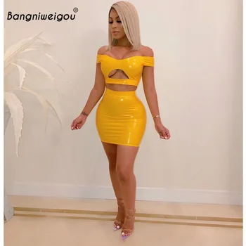

Bangniweigou Sexy Hollow Out PVC Top & Skirt Two Piece Set Women Nightclub Pu Leather Off Shoulder Dress 2piece Set Party Suits
