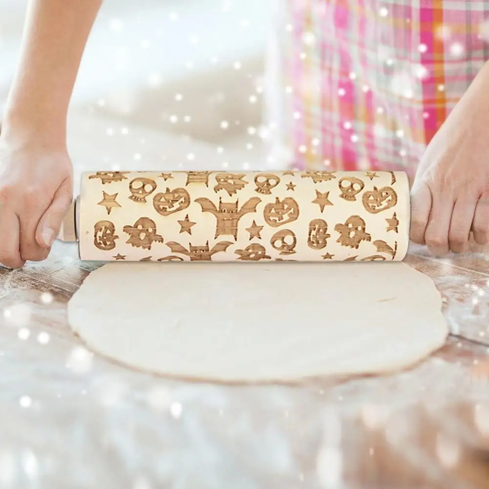 

Christmas Embossing Rolling Pin Rock Baking Cookies Fondant Cake Dough Engraved Halloween Decor Pumpkin Skull Patterned Roller