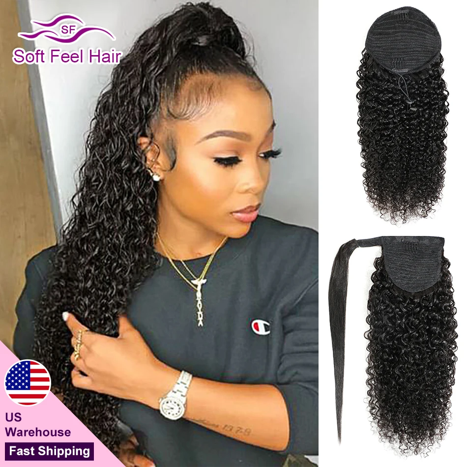 Cabello humano de cola de caballo rizado de tacto suave para mujeres Remy Clip Ins extensiones brasileñas de cola de caballo con cordón