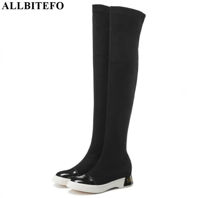 ALLBITEFO/высококачественного эластичного материала Женские ботинки чистый цвет, для отдыха осень-зима удобные модные сапоги выше колена; высокие сапоги