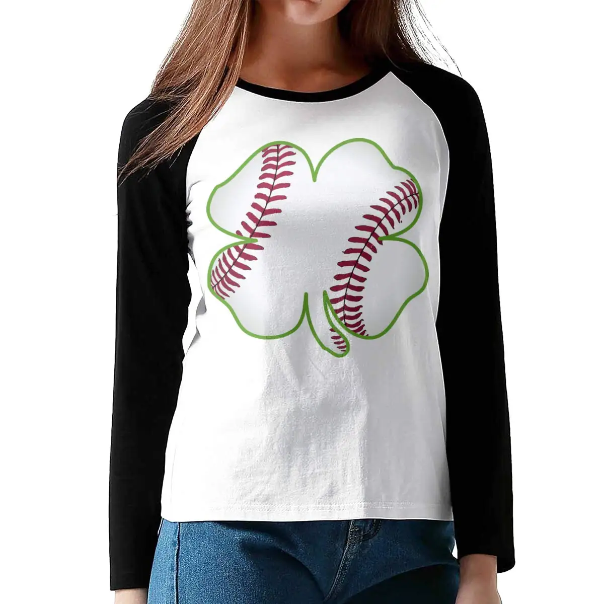 FGHFG Women's Baseball Tee Printed Lucky Shamrock Baseball Raglan Long