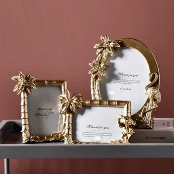

Cartoon Resin Photo Frames Gold Flamingo Tree Oval Square Photo Frames Bedroom Home Office Desktop Decoration Poster Frames