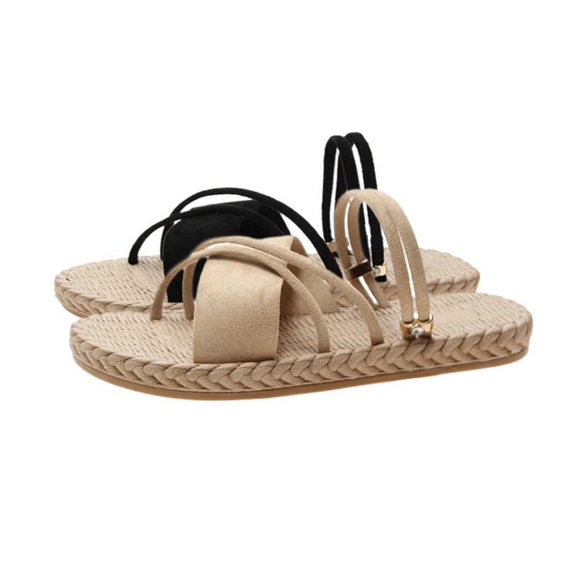 

Fashion Suede Slippers Women 2020 New Ladies Round Head Flock Beach Shoes Woman Casual Khaki Outdoor Weave Flip-flops Female