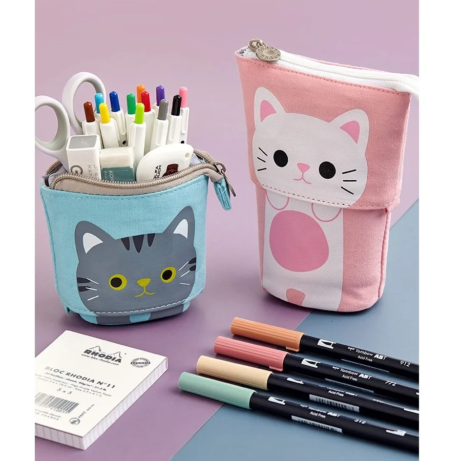 

Angoo Pen Pencil Make up Brush Bag Case, Cartoon Cute Cat Bear Canvas Fold Standing Holder Stationery Organizer Kids Gift