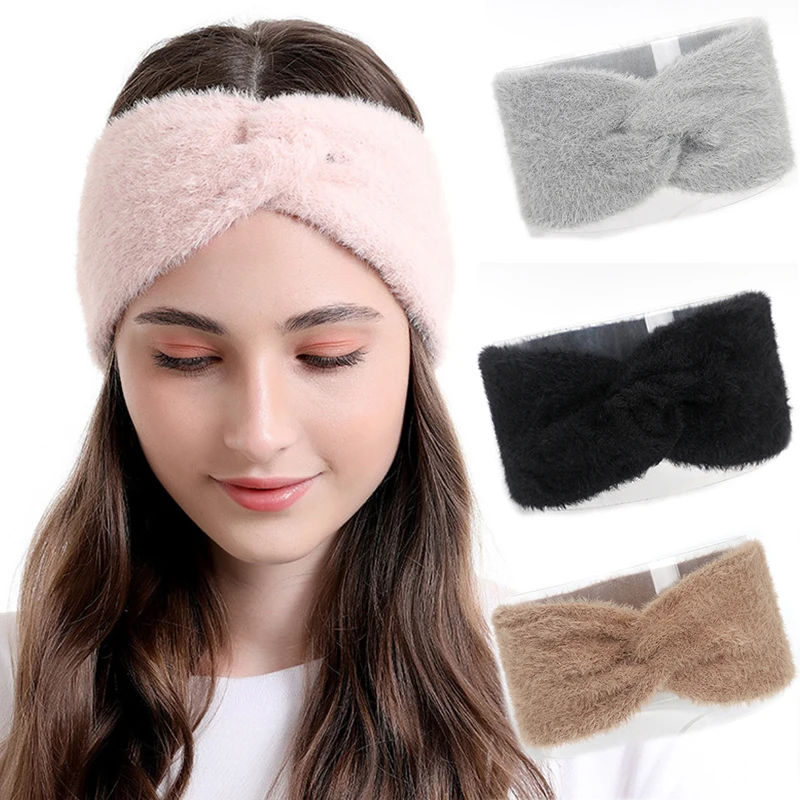 Haimeikang Knot Headbands Autumn Winter Imitation Mink Cashmere Solid Fluffy Bow Hairbands Simple Handmade Warm Women's Headband