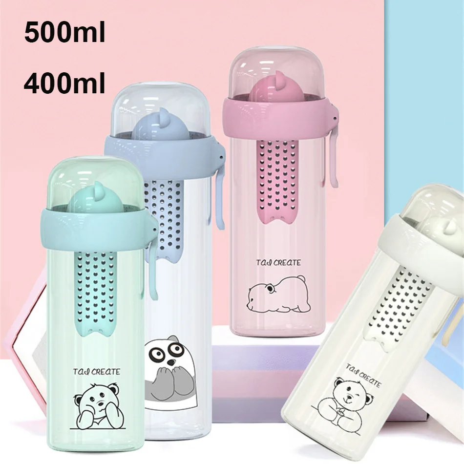 

500ml Water Bottle with Fruit Tea Infuser BPA Free Plastic Botella Outdoor Sports Drinkware Cute Bear Child School Cup Xmas Gift