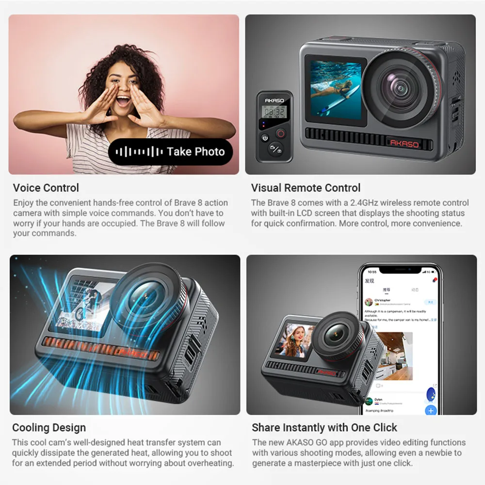 New ! AKASO Brave 8 4K60fps 48MP Action Camera SuperSmooth Vlog Camera 8K Time-Lapse Waterproof Action Camera Dual Screen