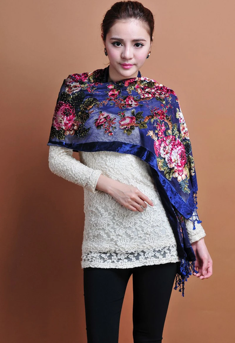 navy blue Китайские женские бархатные шелковые вышитые бисером шали винтажные ручной работы вышитые шарфы с цветочным принтом шарф длинная бахрома пашмины накидка с цветочным узором - Цвет: navy blue