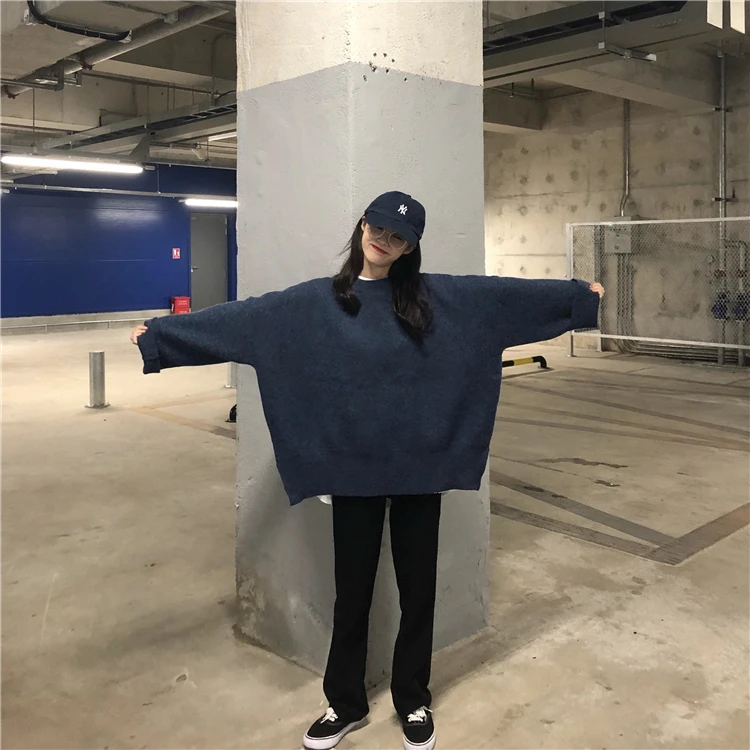 Women Autumn Winter Oversized Pullover Knitted Sweater Female Thick Split Long Sleeve Jumper Coat Pull Femme Jersey Mujer