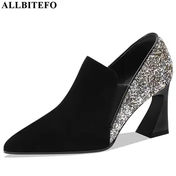 

ALLBITEFO high quality genuine leather women heels spring autumn high heel shoes pointed toe Elegant office ladies shoes