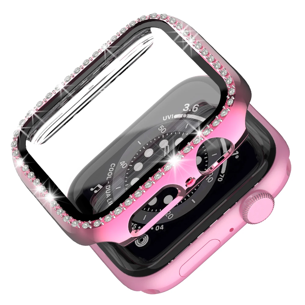 Case+Glass for Apple Watch 45mm 41mm 44mm 40mm 42mm 38mm, Full Cover Bling Crystal Rhinestone Protective Bumper for iWatch7 6 5