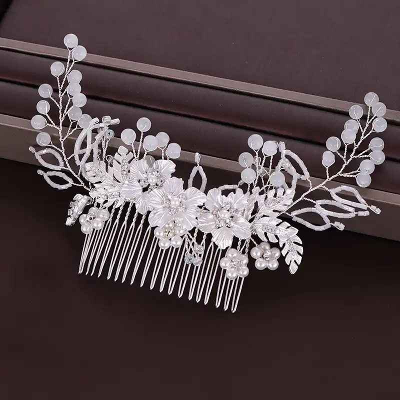 Handmade Large Crystal And Beads Floral Wedding Hair Comb Pearl