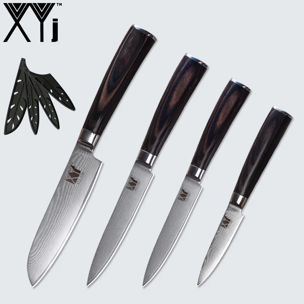 4pcs set XYj Дамасская сталь набор кухонных ножей инструмент свободная крышка VG10 острое лезвие цвет деревянной ручкой кухонная принадлежность - Цвет: 4pcs set
