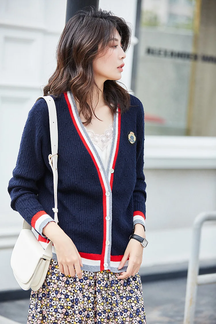 fall Women Autumn Preppy Style Casual Loose Contrast Striped cardigan Wool Knitted Red Sweater jersey mujer sueter damski