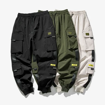 2023 새로운 힙합 조깅 바지 남자 하렘 바지 멀티 포켓 리본 남자 운동복 Streetwear 캐주얼 남성 바지 S-5XL