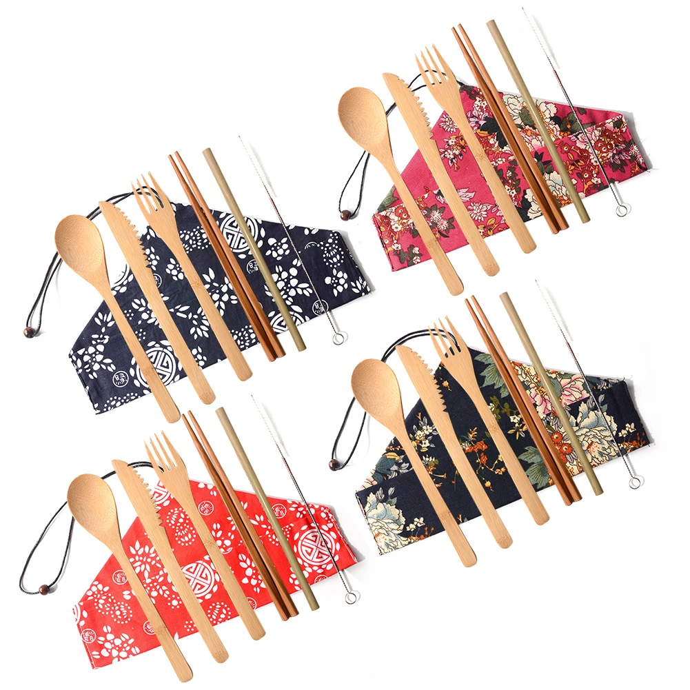 

4 Sets of Bamboo Knife, Fork, Spoon and Chopstick Straws Outdoor Travel Portable Tableware Set Customized Folding Tableware
