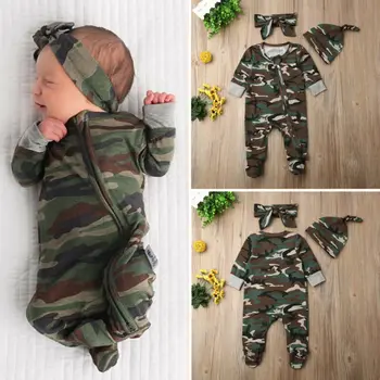 

Newborn Baby Boy Girl Winter Clothes Camo Zipper Romper+Headband+Hat