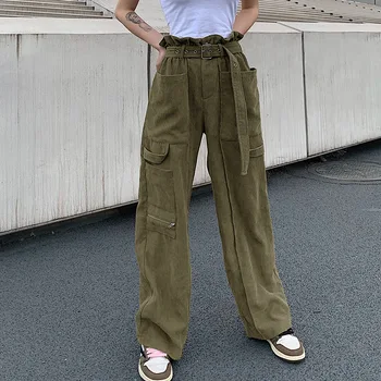 

High Waist Pants Corduroy Army Green Color Loose Wide Leg Long Trousers Casual Street Bottom with Belt Pockets Cargo Pants Women