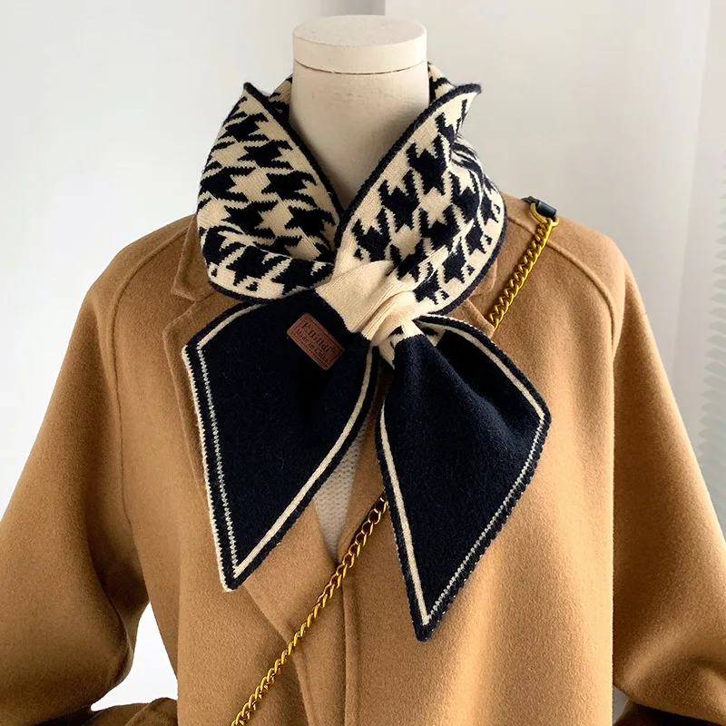

Women Soft Houndstooth Sharp Corner Narrow Small Knitted Winter Warm Long Scarf
