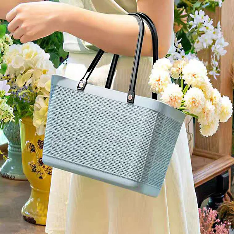 

Burlap pattern large supermarket portable shopping basket household environmentally friendly plastic picking shopping basket