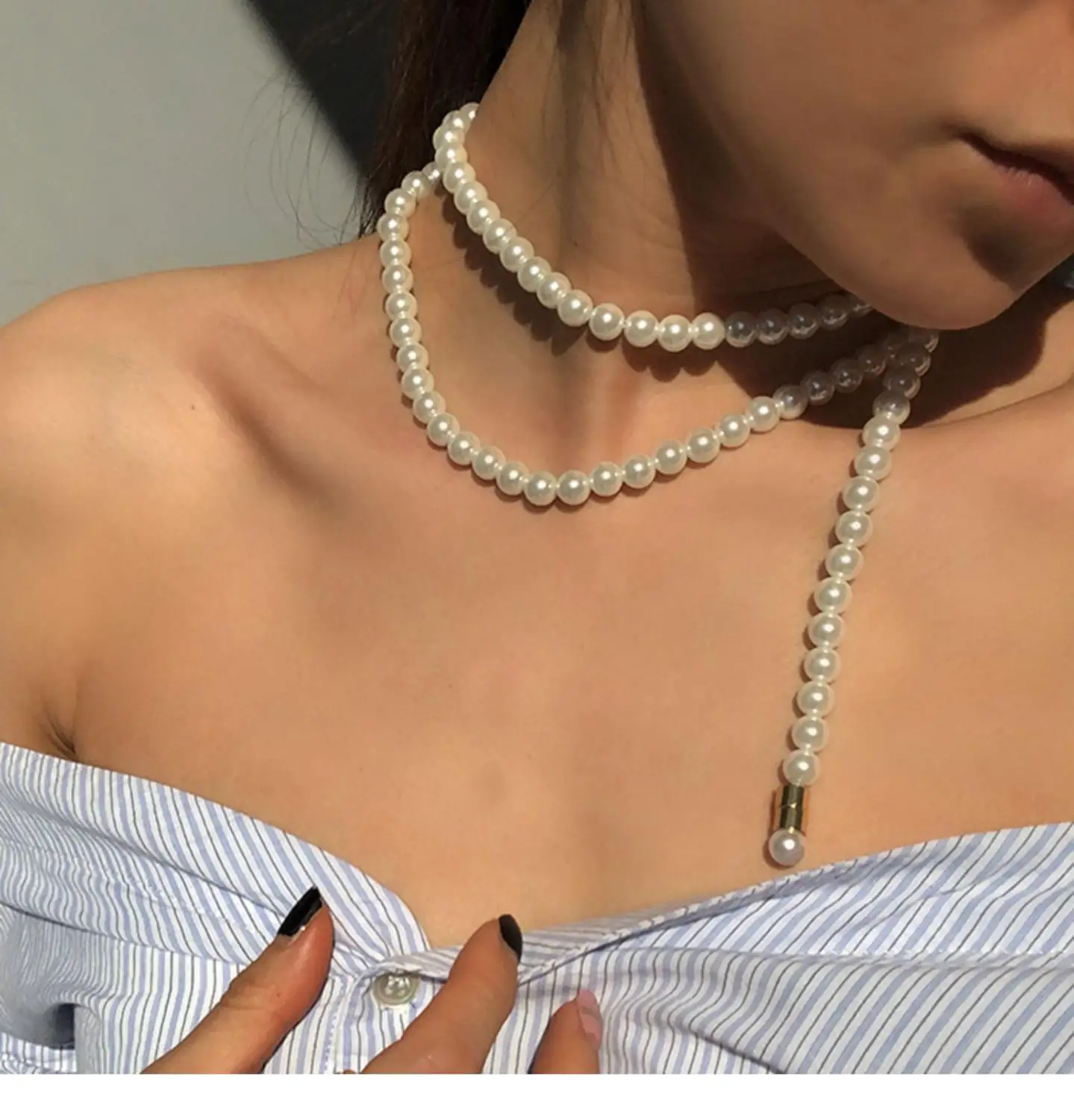 

Brass Pearl Chains Necklace Women Jewelry Designer T Show Runway Party Gown Wedding Japan Korean INS Gothic Hiphop