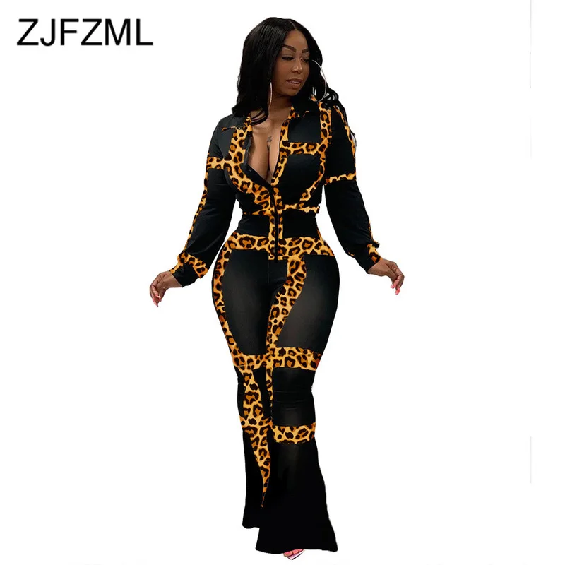 

Leopard Printed 2 Piece Tracksuits Women Set Turn-Down Collar Long Sleeve Button Shirts and Black Flare Pants Sexy Club Outfits